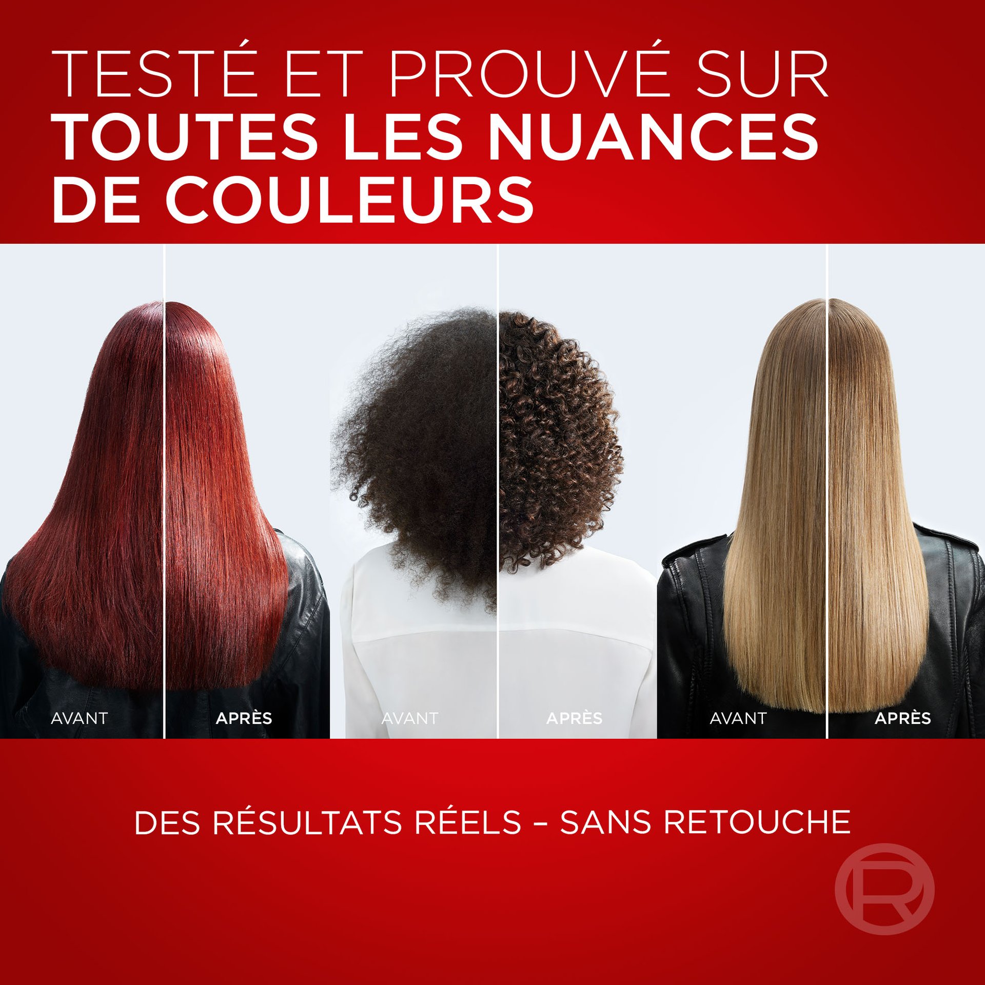 3 têtes de femmes de dos avec et après l'utilisation de color radiance